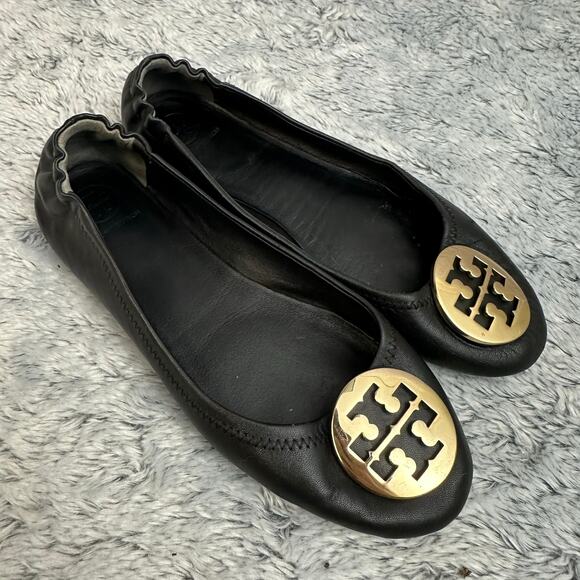 Tory Burch Minnie Ballet Flats Black Leather Gold Circle Logo Size 7M Loafers - Picture 2 of 13